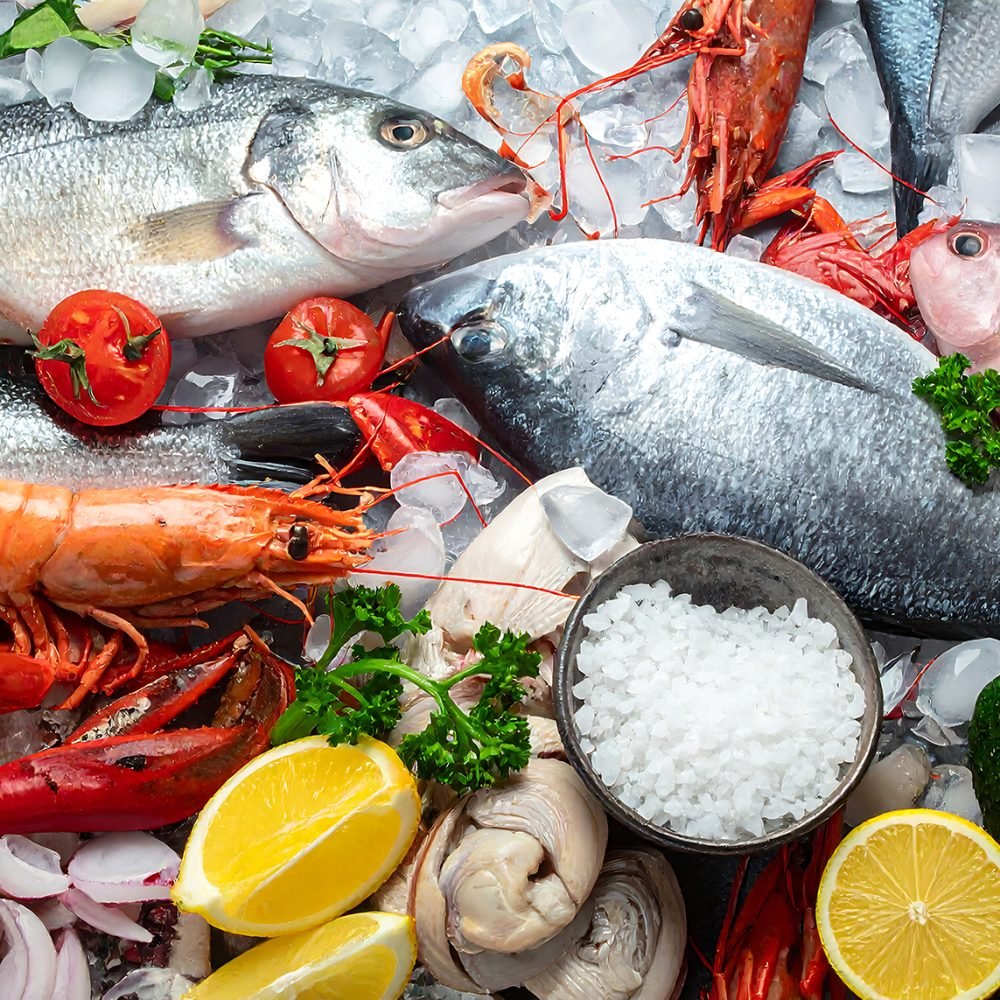 Fresh seafood assortment on ice
